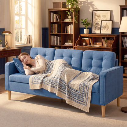3 Seater Sofa, 169cm Couch with Hidden Storage, Wood Legs, Blue