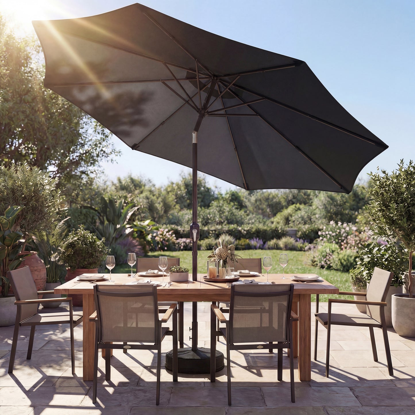 2.7 m Garden Parasol Umbrella with Cross Base and Sandbag, Retractable Ribs, Outdoor Table Market Umbrella, Black