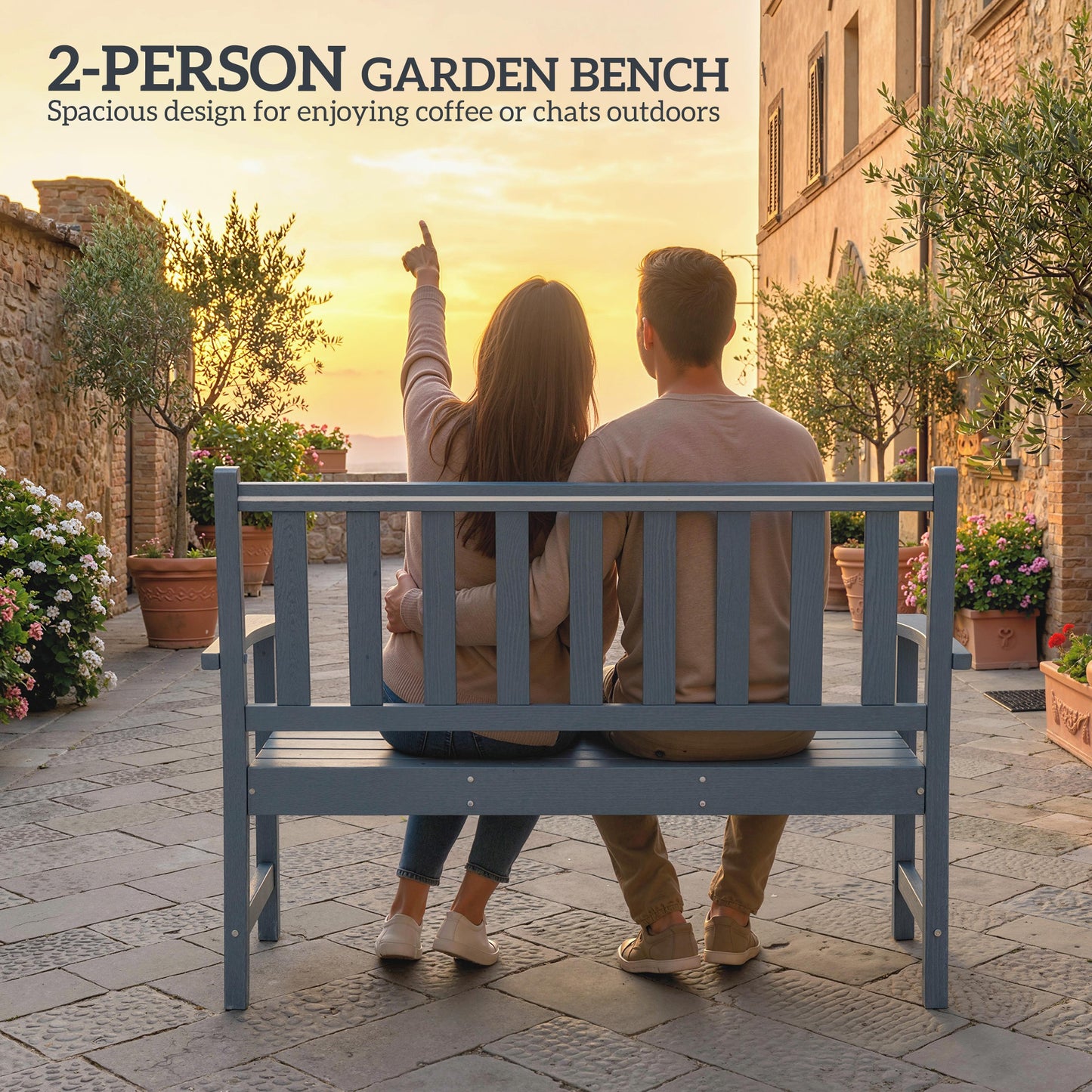 2 Seater Plastic Garden Bench, Outdoor Patio Bench with Armrest and Backrest, Weatherproof Outdoor Furniture for Balcony