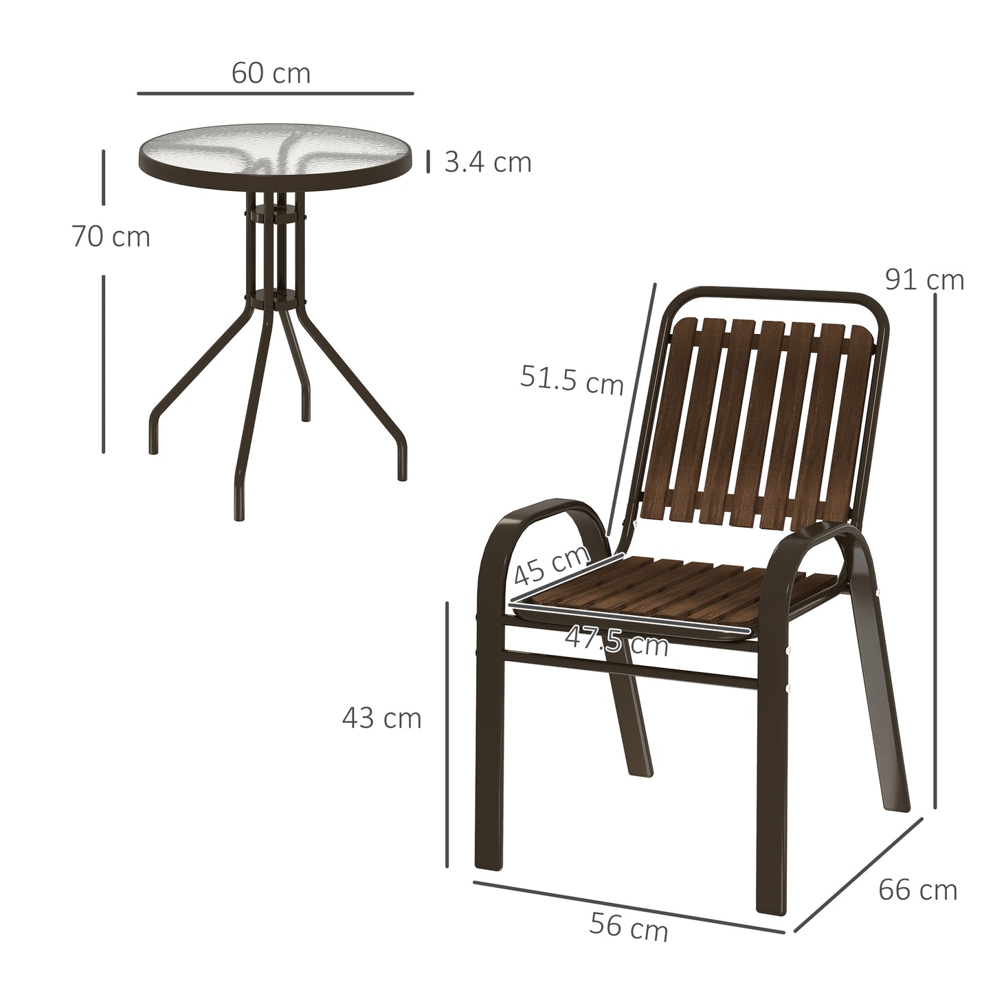 3 Pieces Patio Bistro Set with Stackable Chairs, Tempered Glass Table, for Outdoor, Balcony, Patio, Garden, Dark Brown