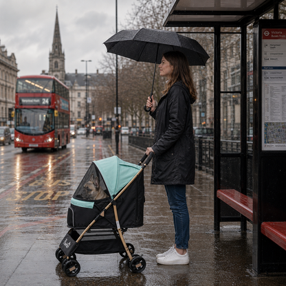 Pet Stroller for Small and Miniature Dogs, with Rain Cover - Green