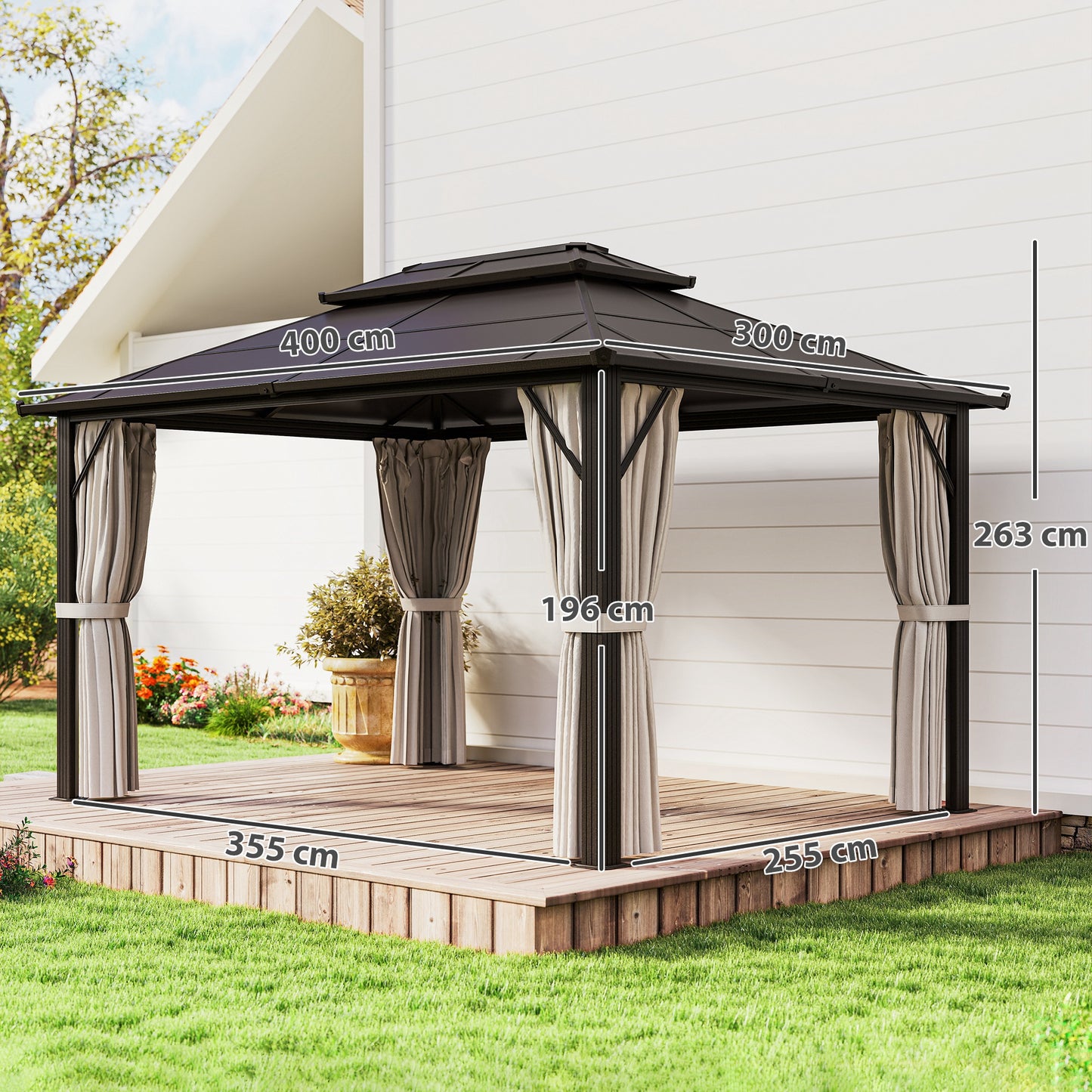 3 x 4m Hardtop Gazebo Canopy with UPF30+ Double Polycarbonate Roof, Aluminium Frame Garden Gazebo Permanent Pavilion