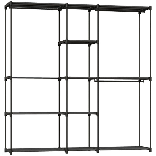 Portable Wardrobe, Open Clothes Wardrobe with 8 Shelves, 3 Hanging Rails, Black
