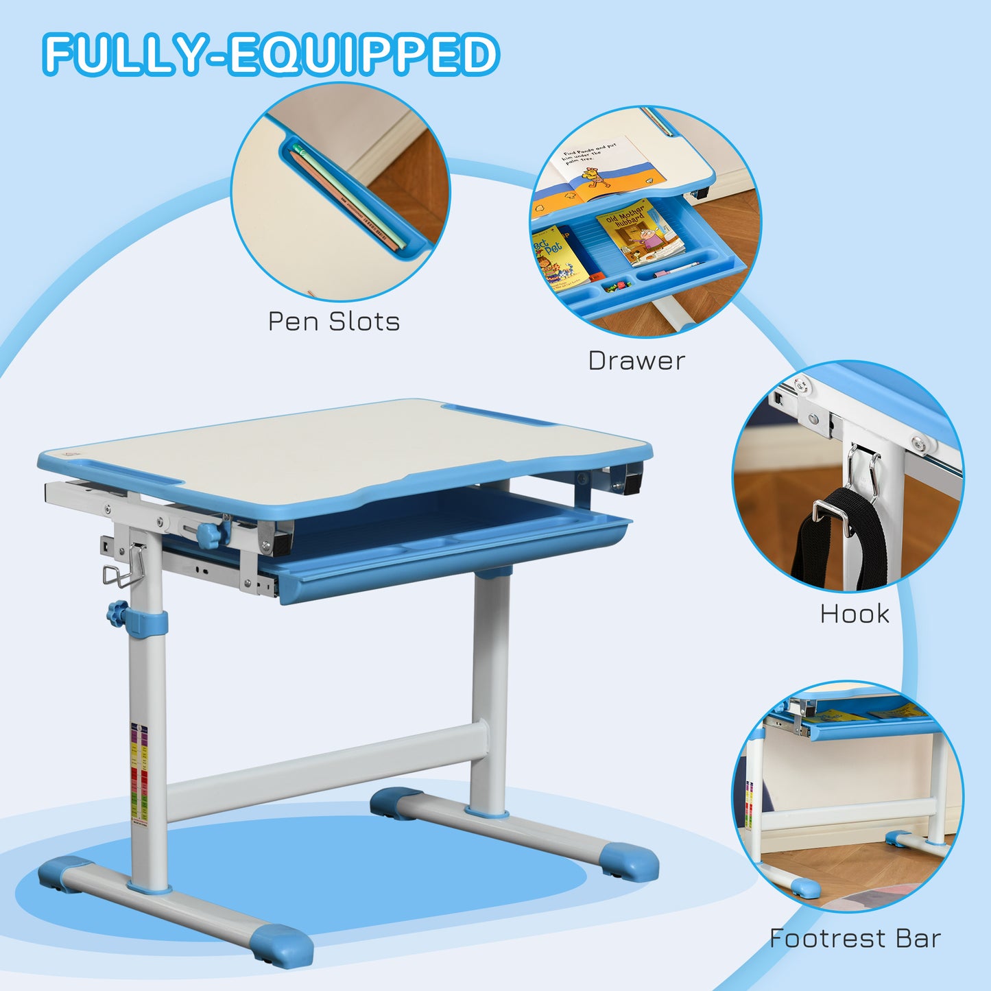 Kids Desk and Chair Set, Height Adjustable Student Writing Desk, Children School Study Table with Tiltable Desktop, Drawer