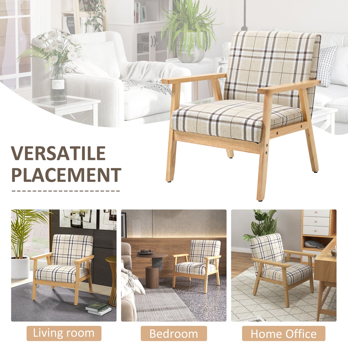Modern One Seater Sofa for Living Room, Linen Fabric Small Couch with Rubber Wood Frame, Armrests, Lattice Pattern
