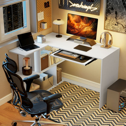 L-Shaped Corner Desk, Computer Desk with Keyboard Tray and Open Shelves, White Wood Effect
