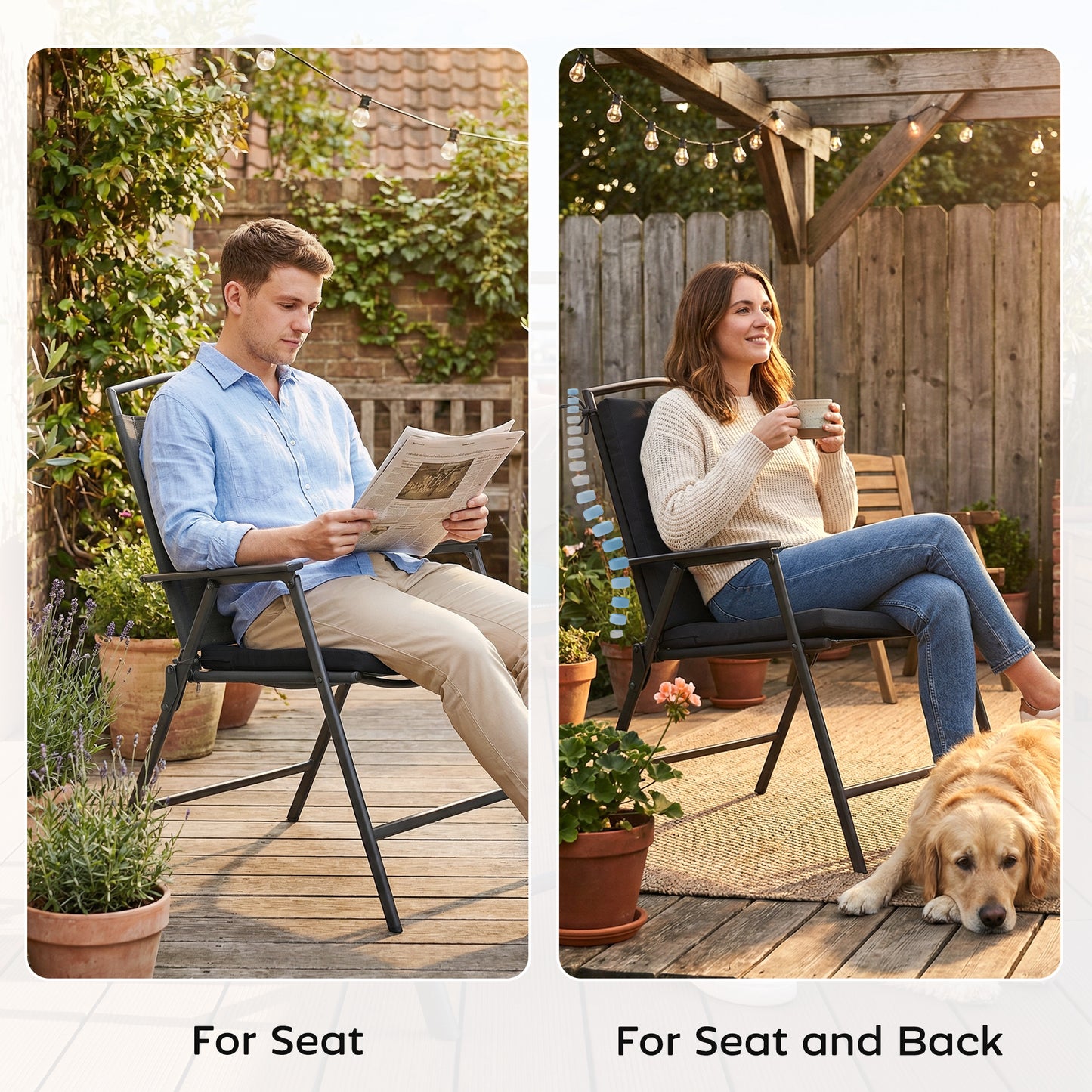 Outdoor Seat Cushions Set of 2 with Ties, Waterproof Garden Seat Pads, Black