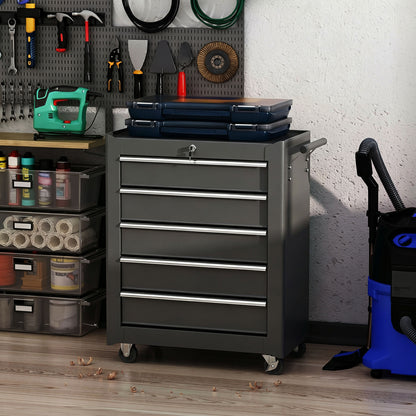 5-Drawer Tool Chest with Wheels, Steel Lockable Tool Storage Cabinet with Handle, 2 Keys for Garage, Workshop, Black