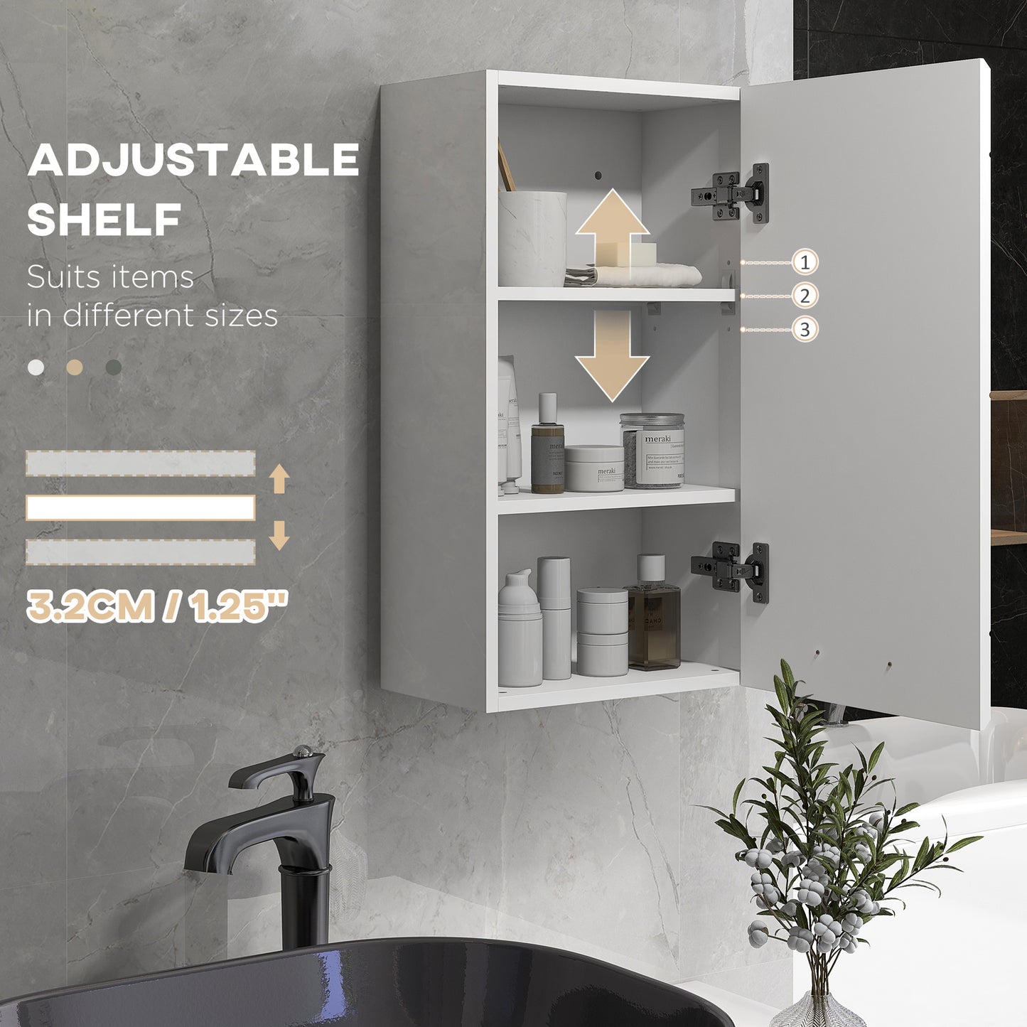 Bathroom Wall Cabinet, High Gloss Bathroom Storage Cabinet with Soft-Close Door, 3 Shelves, Adjustable Shelf, White