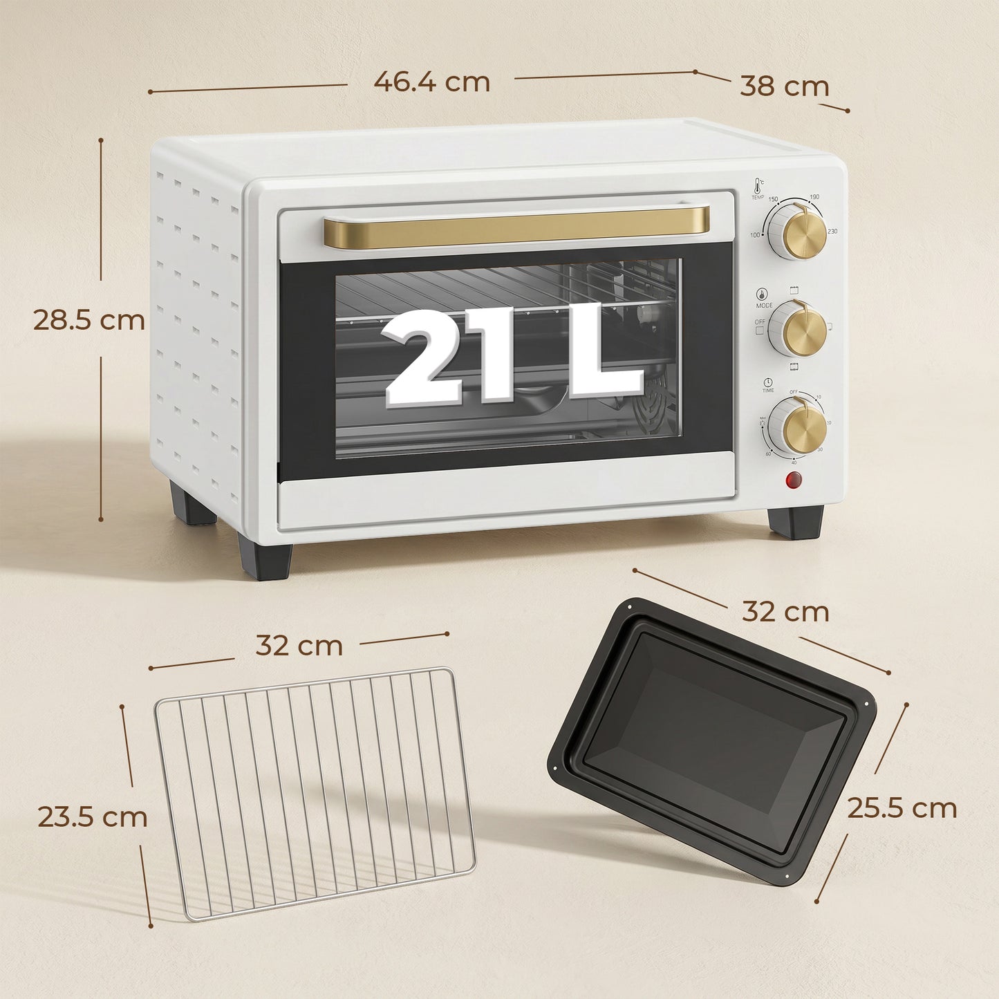 21L Mini Countertop Oven, 100°C-230°C Adjustable Temperature, White