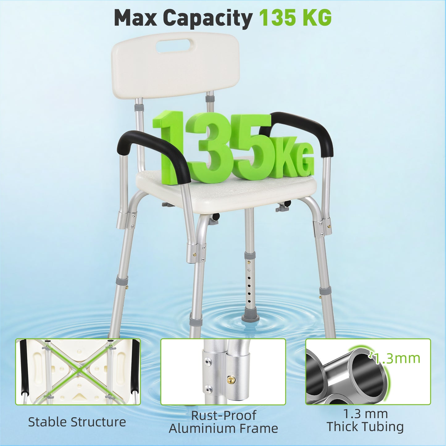 Shower Chair with Arms and Back, Height Adjustable Bath Bench, Non-Slip Shower Stool for Inside Tub