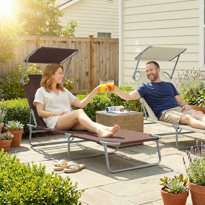 Folding Sun Lounger with Canopy, Reclining Sunbed with 4-Position Adjustable Backrest, 600D Oxford Cloth