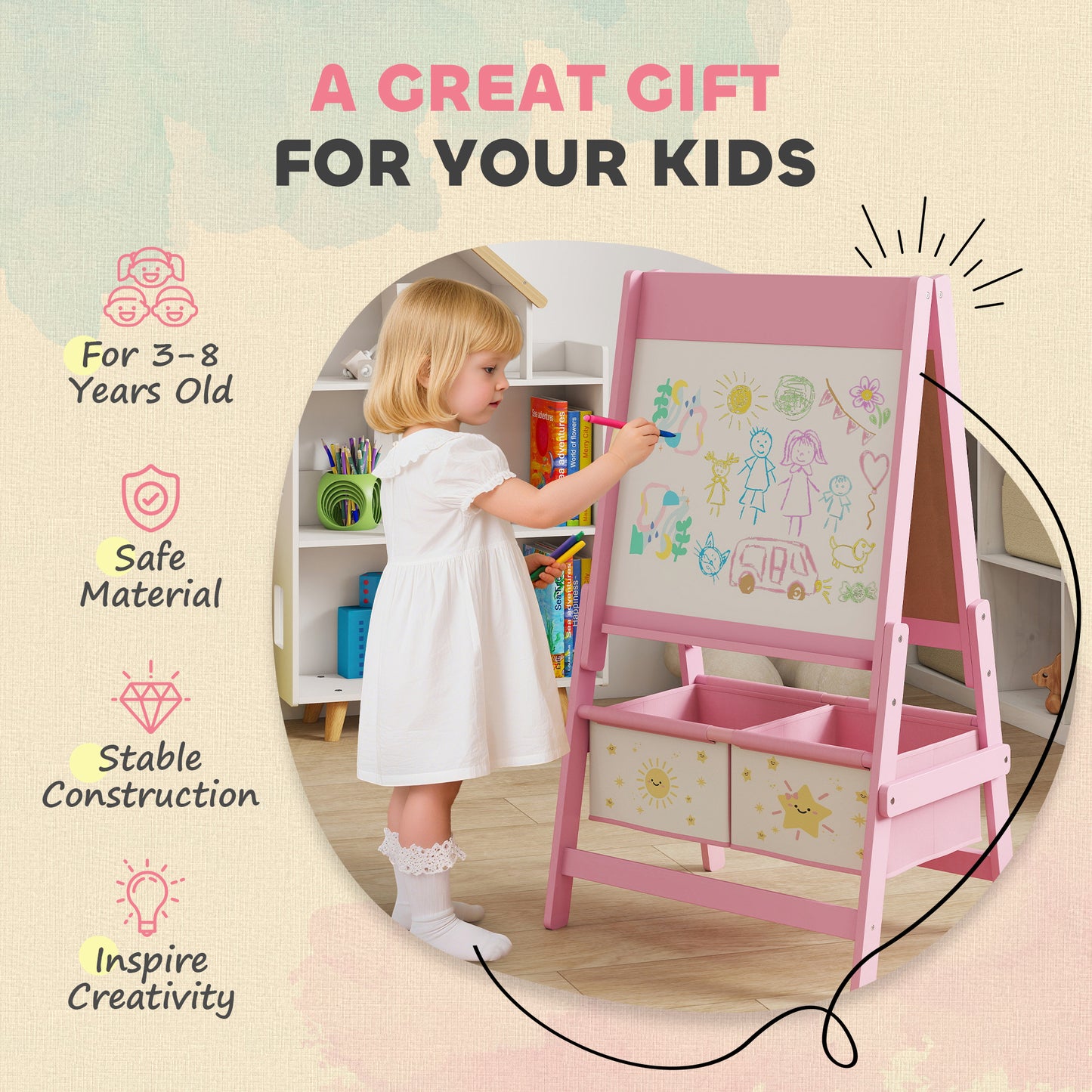 Art Easel for Kids, Double-Sided Whiteboard/Blackboard with Paper Roll, Two Storage Boxes, for Ages 3-8 Years, Pink