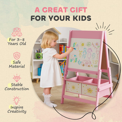 Art Easel for Kids, Double-Sided Whiteboard/Blackboard with Paper Roll, Two Storage Boxes, for Ages 3-8 Years, Pink