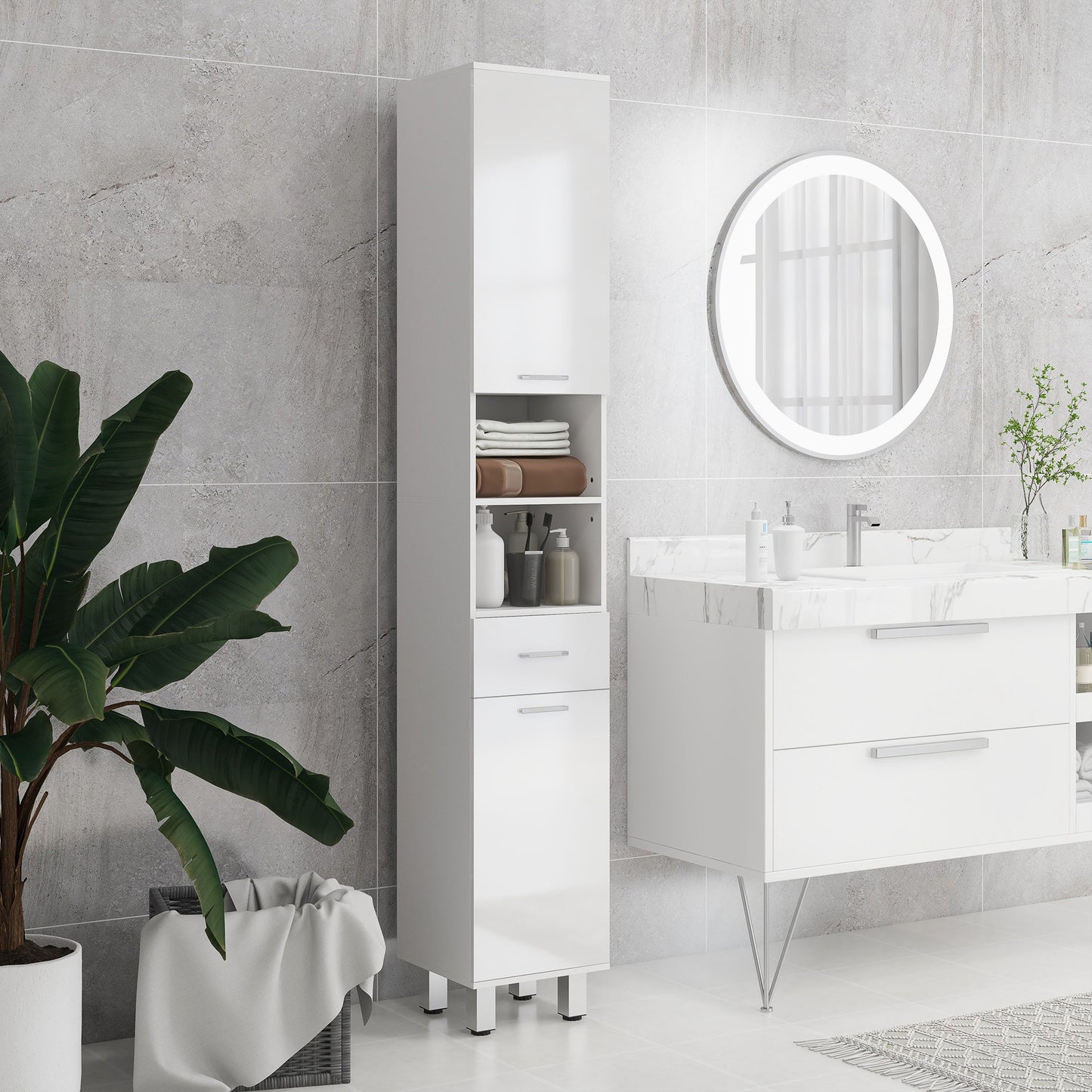 71" Tall Slim Bathroom Storage Cabinet, Narrow Cupboard with Drawer, Open Shelves, 2 Doors, White and High Gloss White