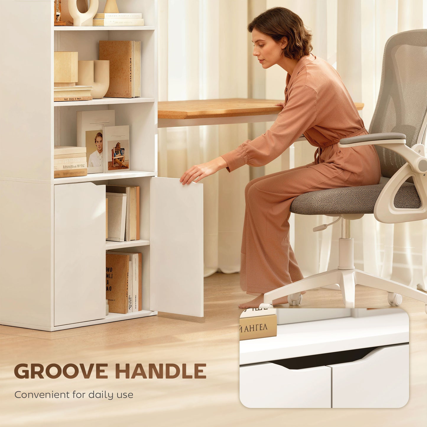 6-Tier Tall Bookcase, Bookshelf with 4 Open Shelves and Double Door Storage Cabinet