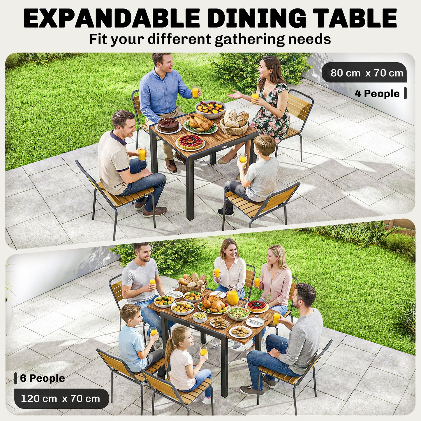 Patio Dining Table Expandable Outdoor Dining Table Acacia Wood Top 80-120 cm Natural and Black