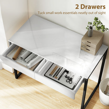 High Gloss Work Table, with Drawers - White