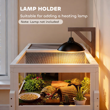 Wooden Tortoise House with Dual-Zone Habitat, Clear Panels, Openable Top, Metal Mesh, for Tortoises and Small Pets, Grey