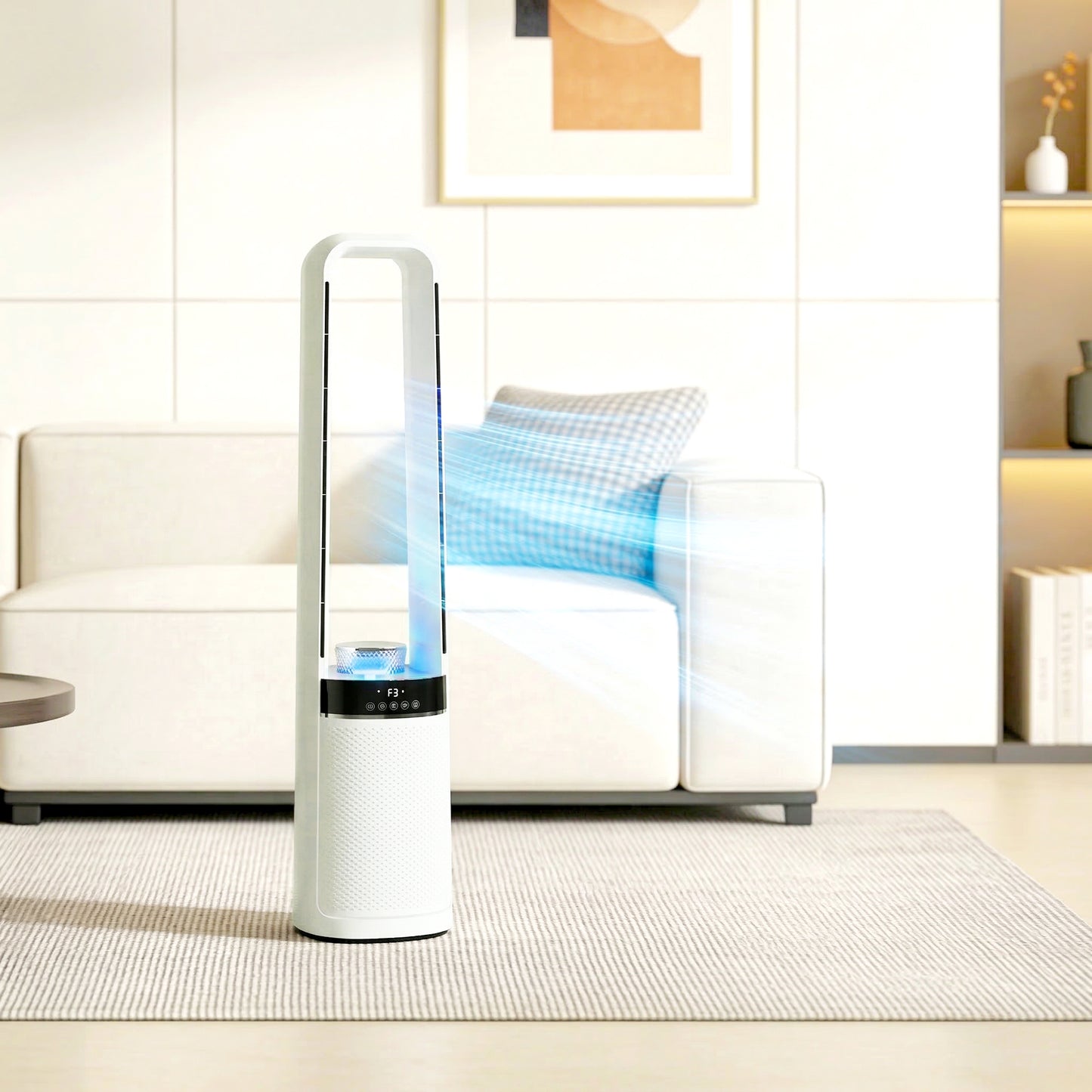 Bladeless Tower Fan, 36dB Standing Cooling Fan with Oscillating, LED Lights, 3 Speeds, 12H Timer, Remote Control
