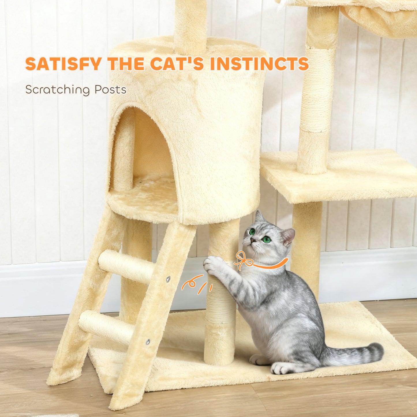 Multi-Level Cat Tower, 134cm Cat Tree with Condo and Sisal Scratching Posts for Indoor Kittens, Beige