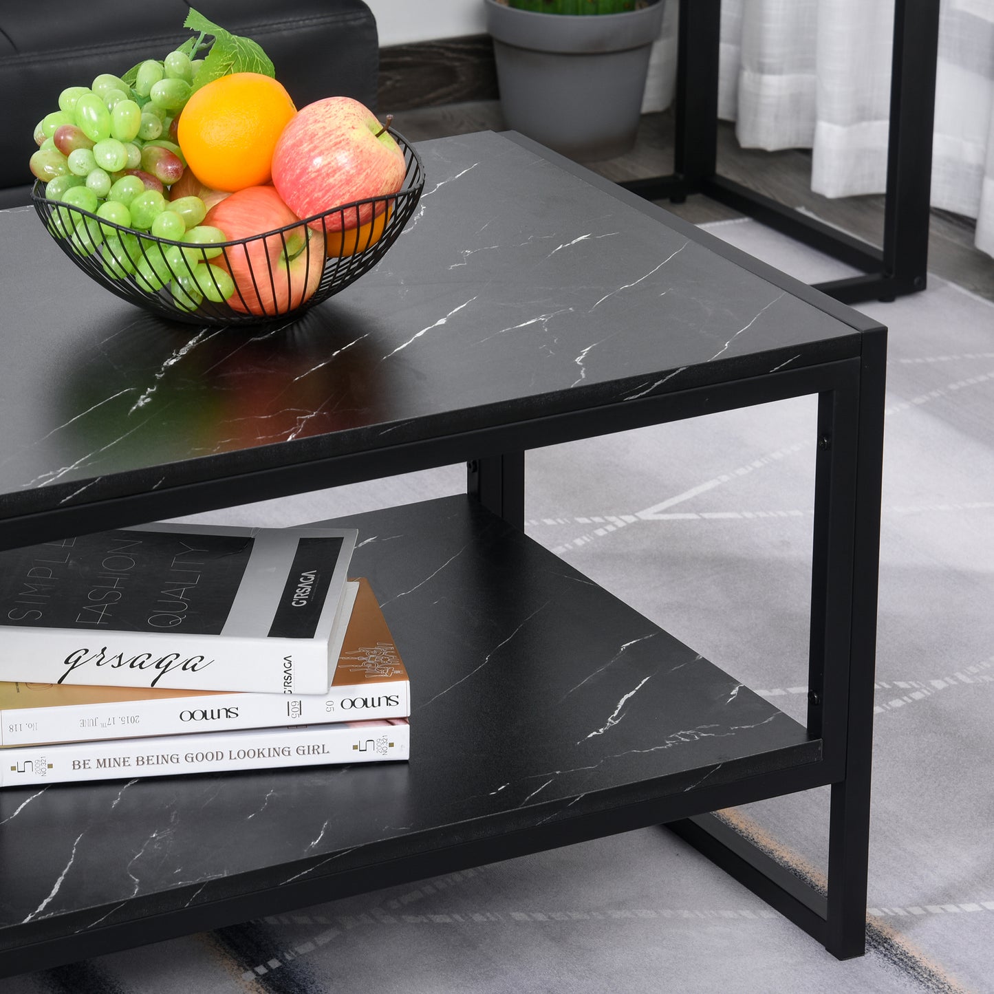 Coffee Table, Two-Tier Faux Marble Effect Centre Table with Metal Frame and Storage Shelf for Living Room, 106 x 50 x 45cm