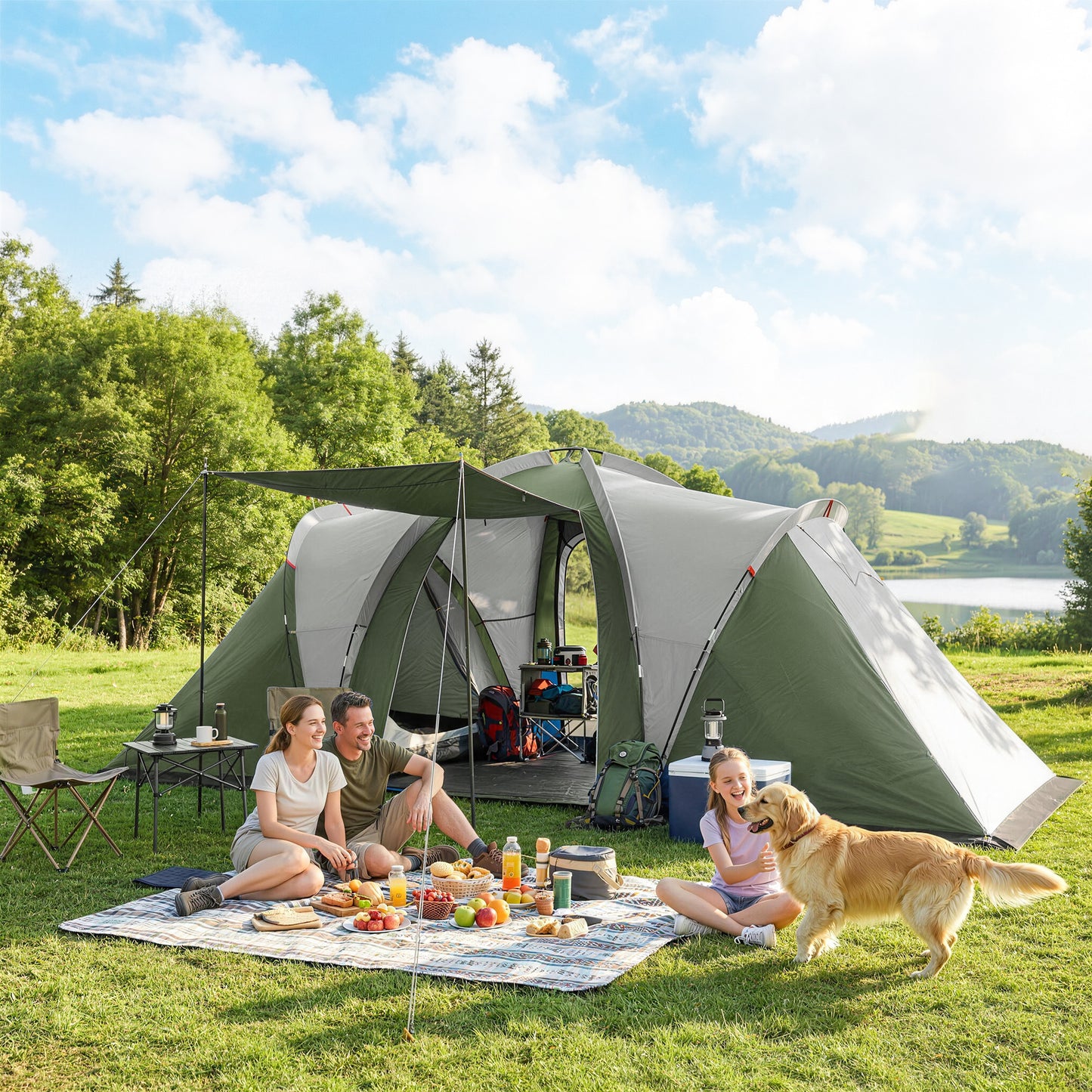 Family Camping Tent 3000mm Waterproof Windproof Tunnel Tent 6 Person Two Bedrooms Green