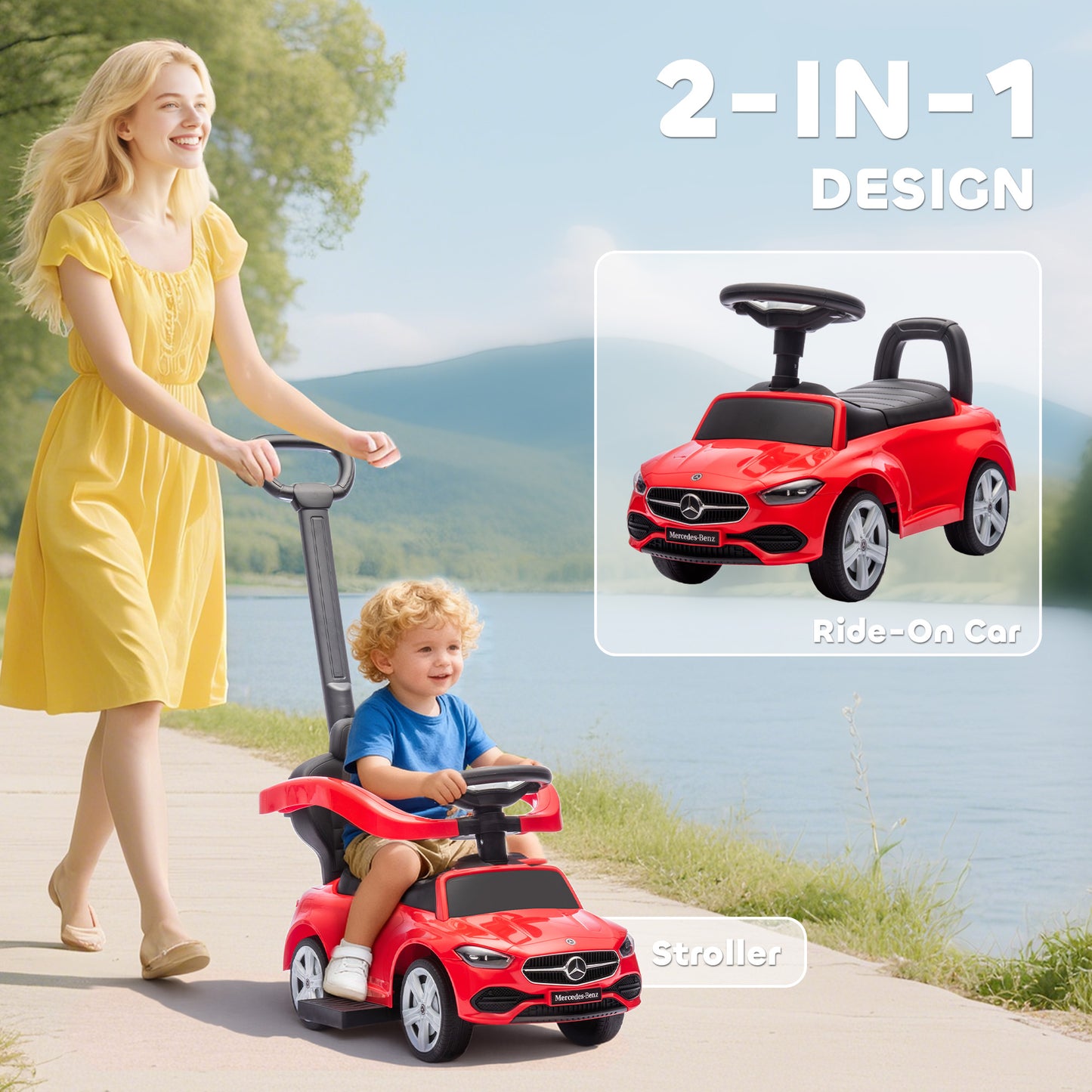 2 in 1 Baby Ride on Push Car Mercedes-Benz C-Class Licensed Walker Foot to Floor Push-Along with Removable Handle, Red