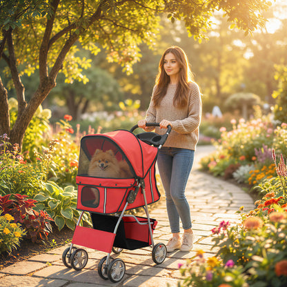 Dog Pram, Pet Stroller with Reflective Strips, Foldable Cat Stroller with 360° Swivel Wheels, Red