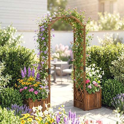 Wooden Garden Arch with 2 Planter Boxes, Outdoor Rose Arch Trellis for Climbing Vines, Carbonised