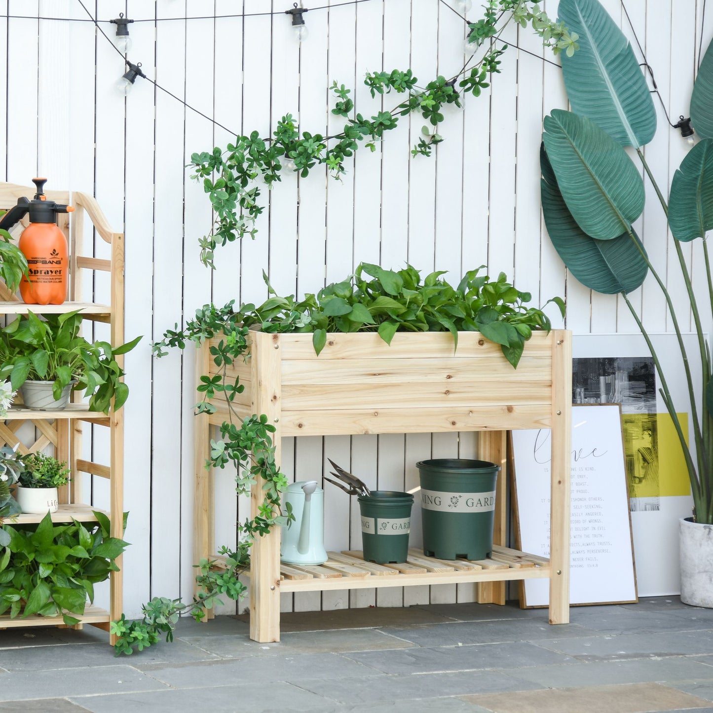 Wooden Raised Plant Stand Outdoor Flower Bed Box with Clapboard 100 x 40 x 84cm