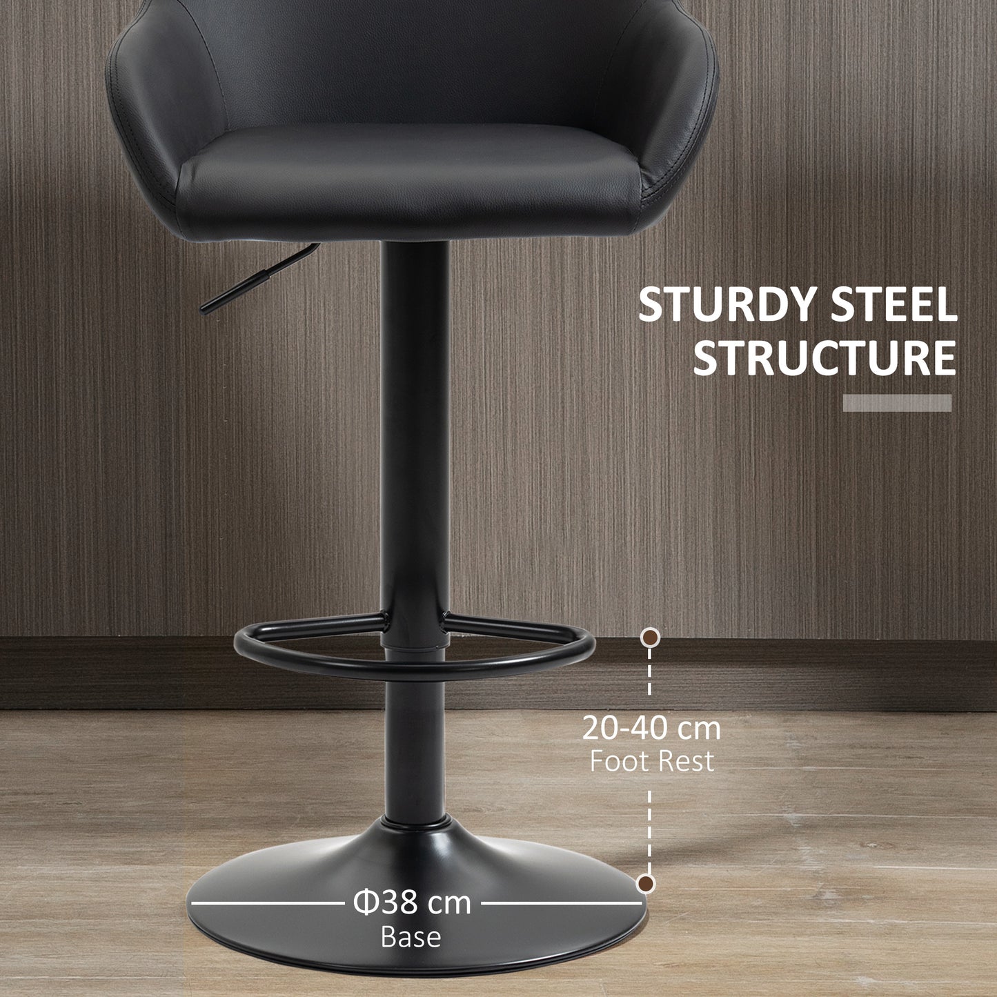 Adjustable Bar Stools Set of 2, Swivel PU Leather Barstools with Backrest & Footrest, Black