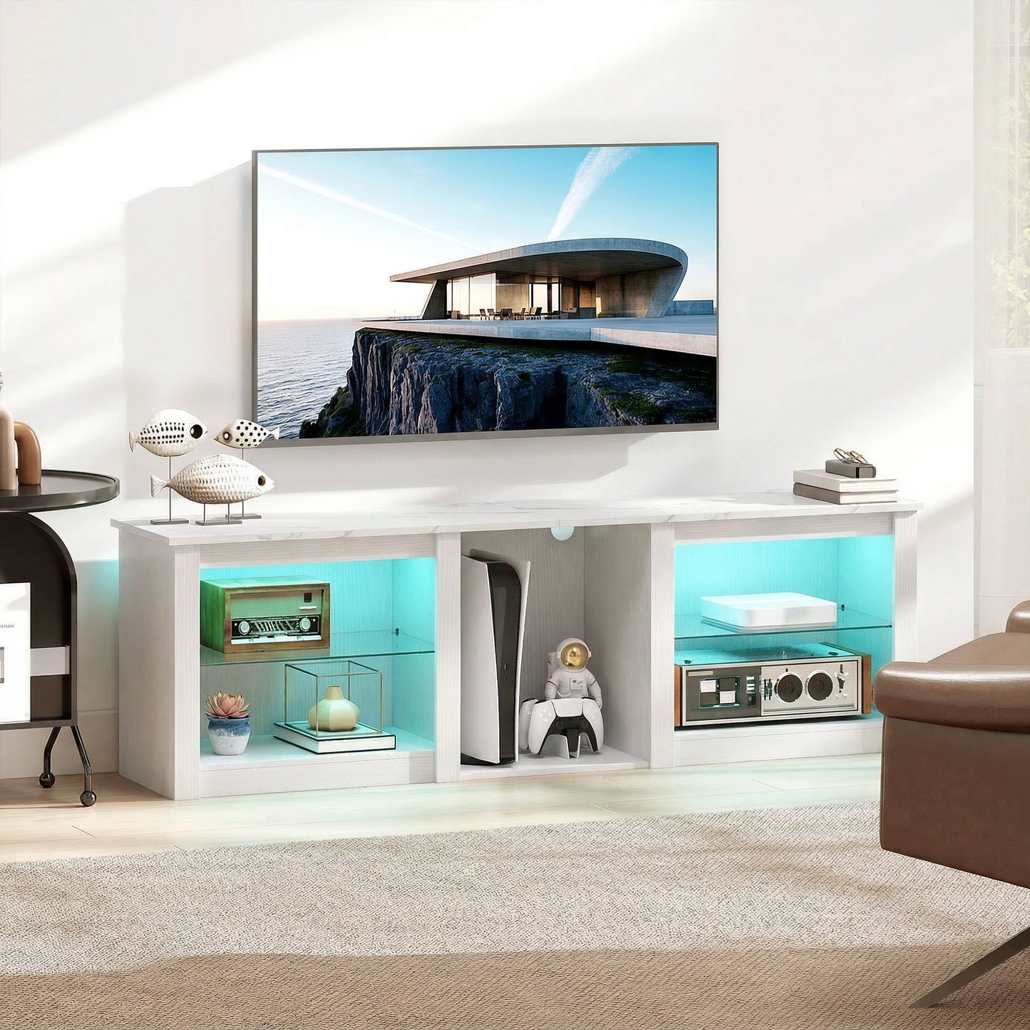 70in TV Stand, with LED Lights and Storage - White