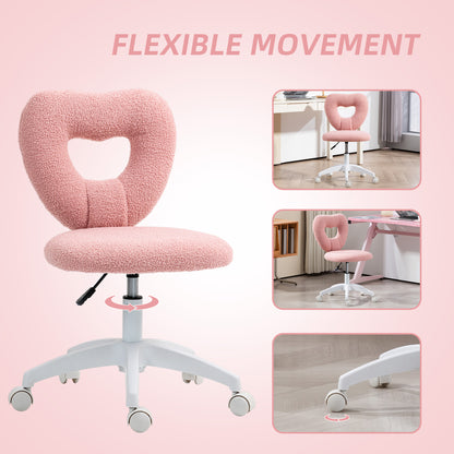 Armless Heart Computer Desk Chair, Teddy Fleece Swivel Office Chair, Makeup Vanity Chair with Height Adjustable, Wheels