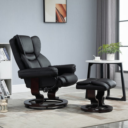 360° Swivel Recliner Chair with Footstool, PU Leather Manual Recliner Armchair with Footstool, Solid Wood Base