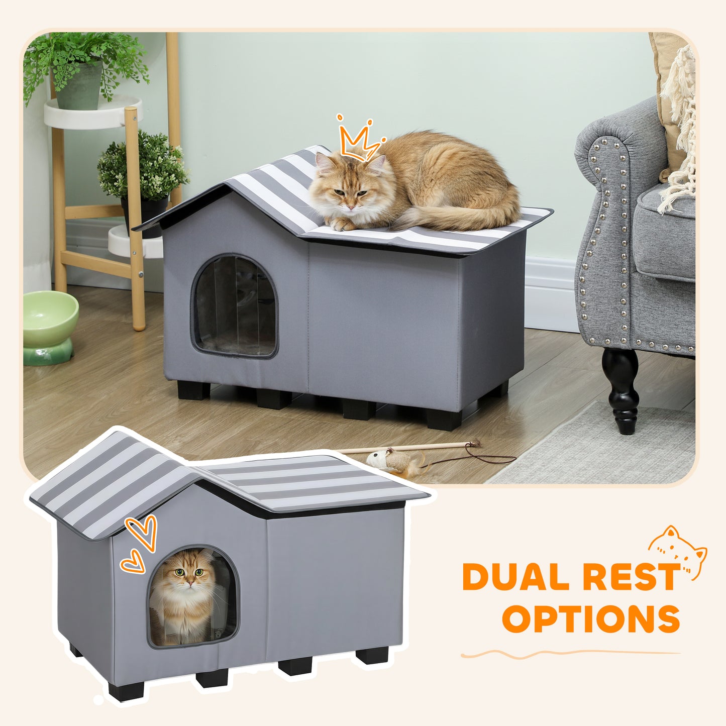 Outdoor Cat House, Weather Resistant Feral Cat Cave with Elevated Base and Cushion for Winter, Grey