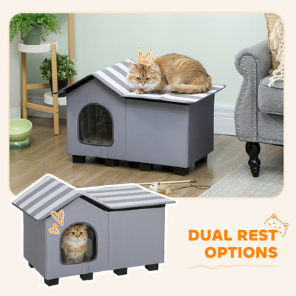 Outdoor Cat House, Weather Resistant Feral Cat Cave with Elevated Base and Cushion for Winter, Grey