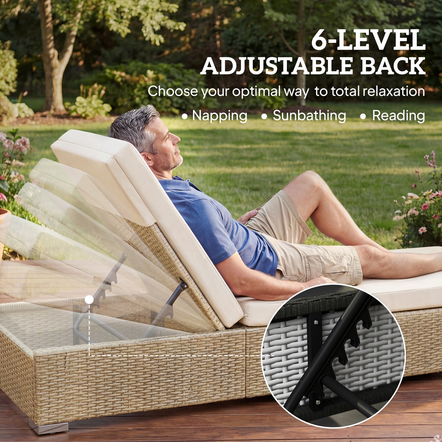 Rattan Sun Loungers Set of 2 with Side Table, Garden Recliner Sunbeds with Adjustable Back, Cushions, Beige