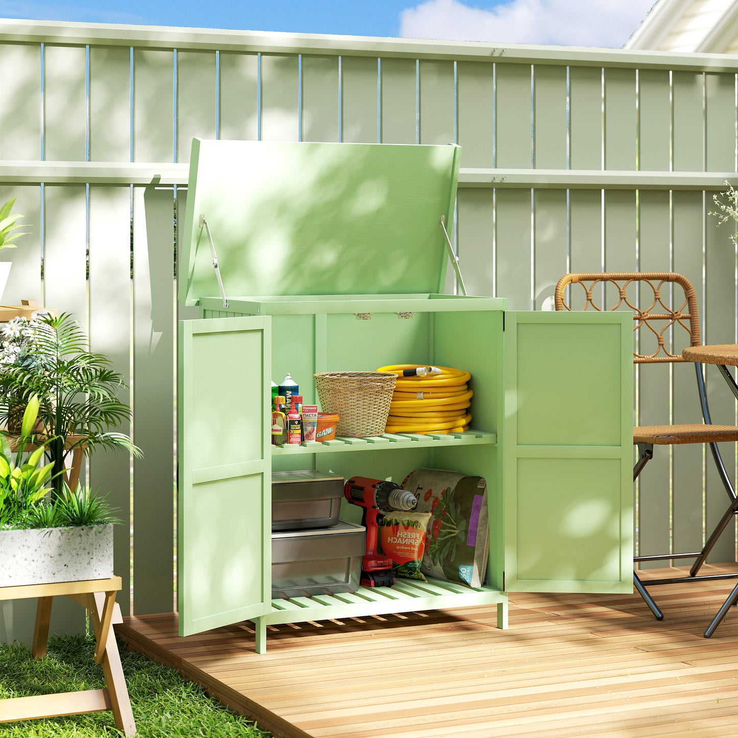 Wooden Garden Shed, Garden Tool Storage Shed with Hinged Roof and Shelf, Outdoor Storage Cabinet with Double Doors