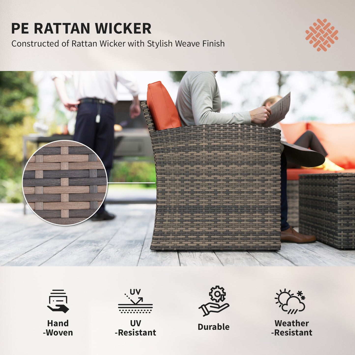 6 Pieces Rattan Garden Furniture Set, 7 Seater Wicker Outdoor Furniture Set with Storage Tea Table & Side Table