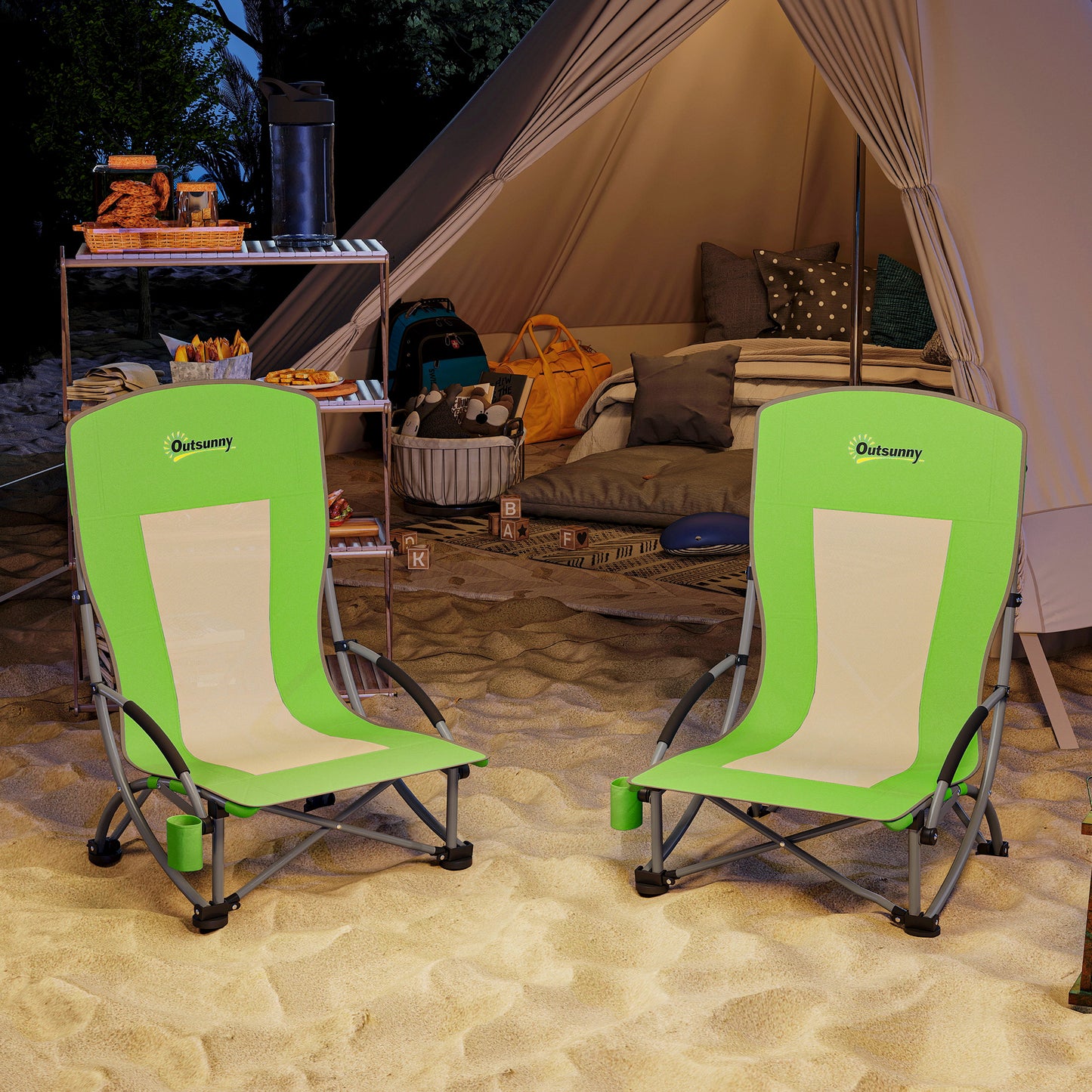 Set of 2 Folding Beach Chair, Low Camping Chair with Mesh Back
