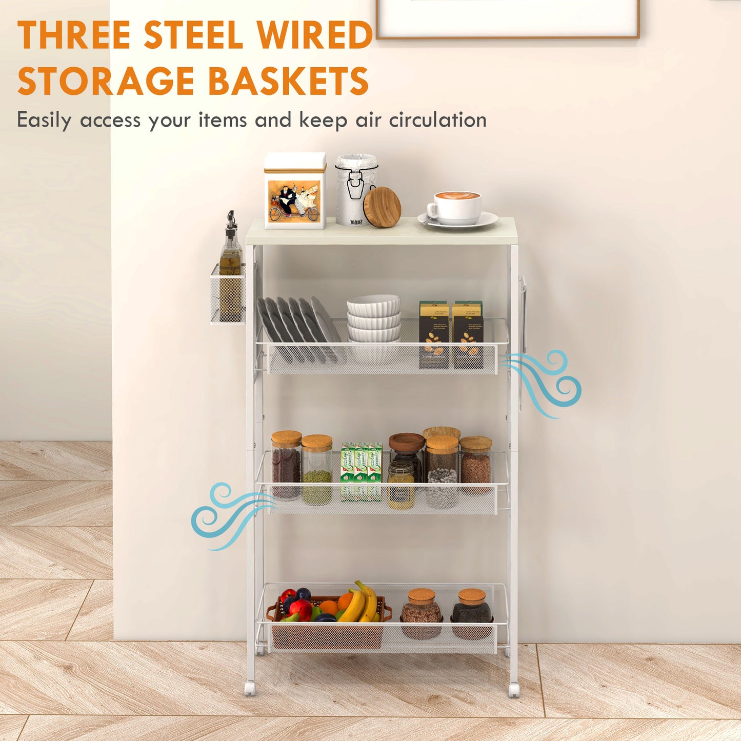 3-Tier Kitchen Cart with 3 Steel Wire Baskets - White