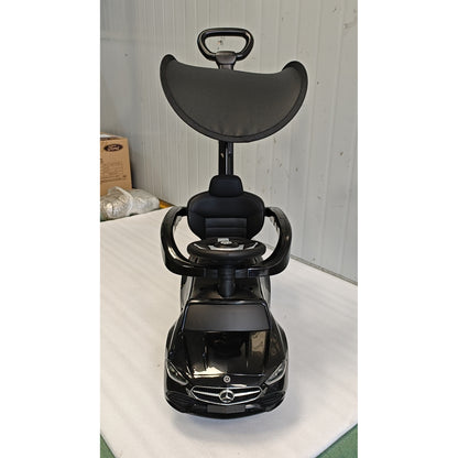 3 in 1 Licensed Benz Ride on Push Car with Handle, Canopy, Guardrails, Horn, Music, Storage for 12-36 Months, Black