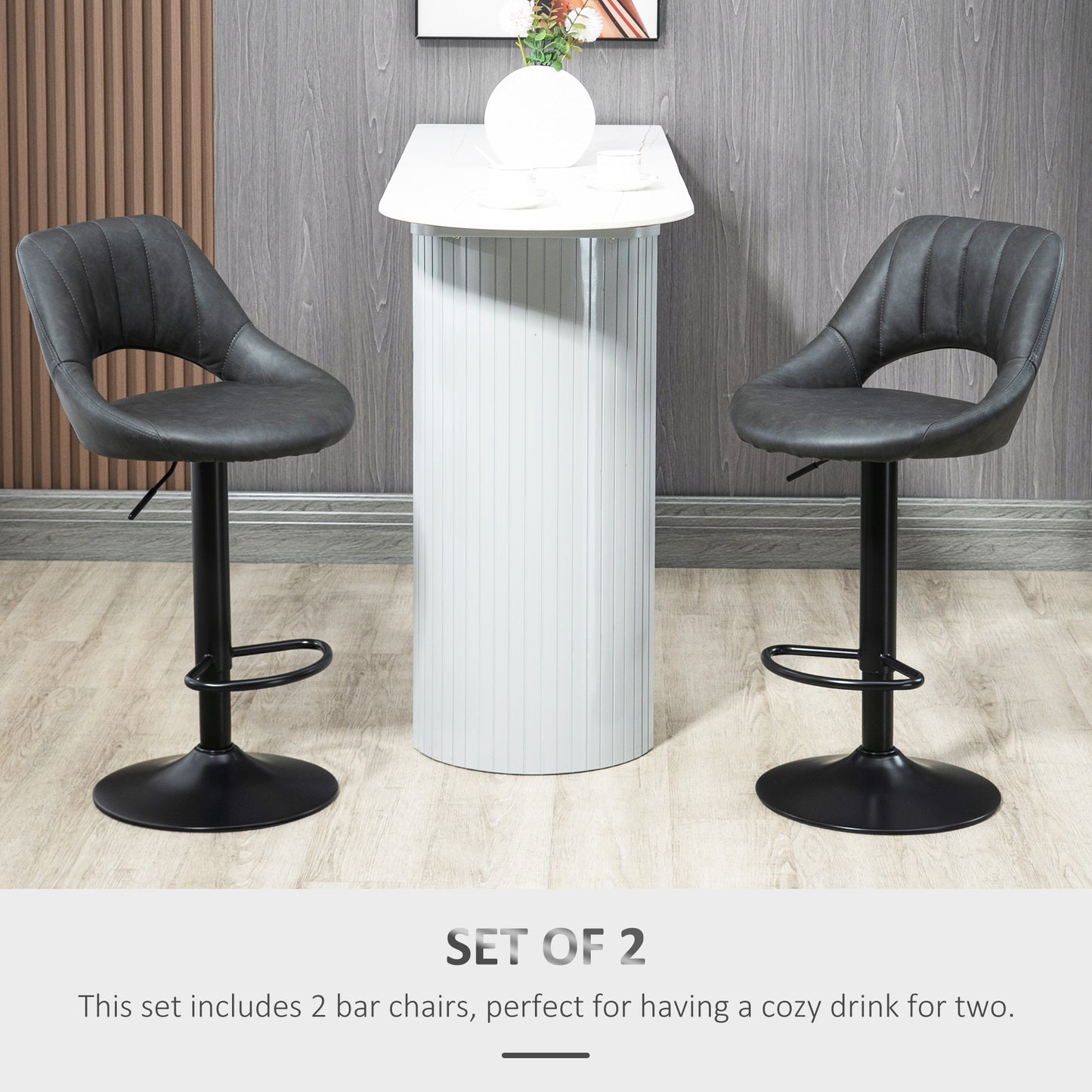 Bar Stools Set of 2, PU Leather Swivel Barstools with Backrest and Footrest for Kitchen, Counter, Breakfast Bar, Grey
