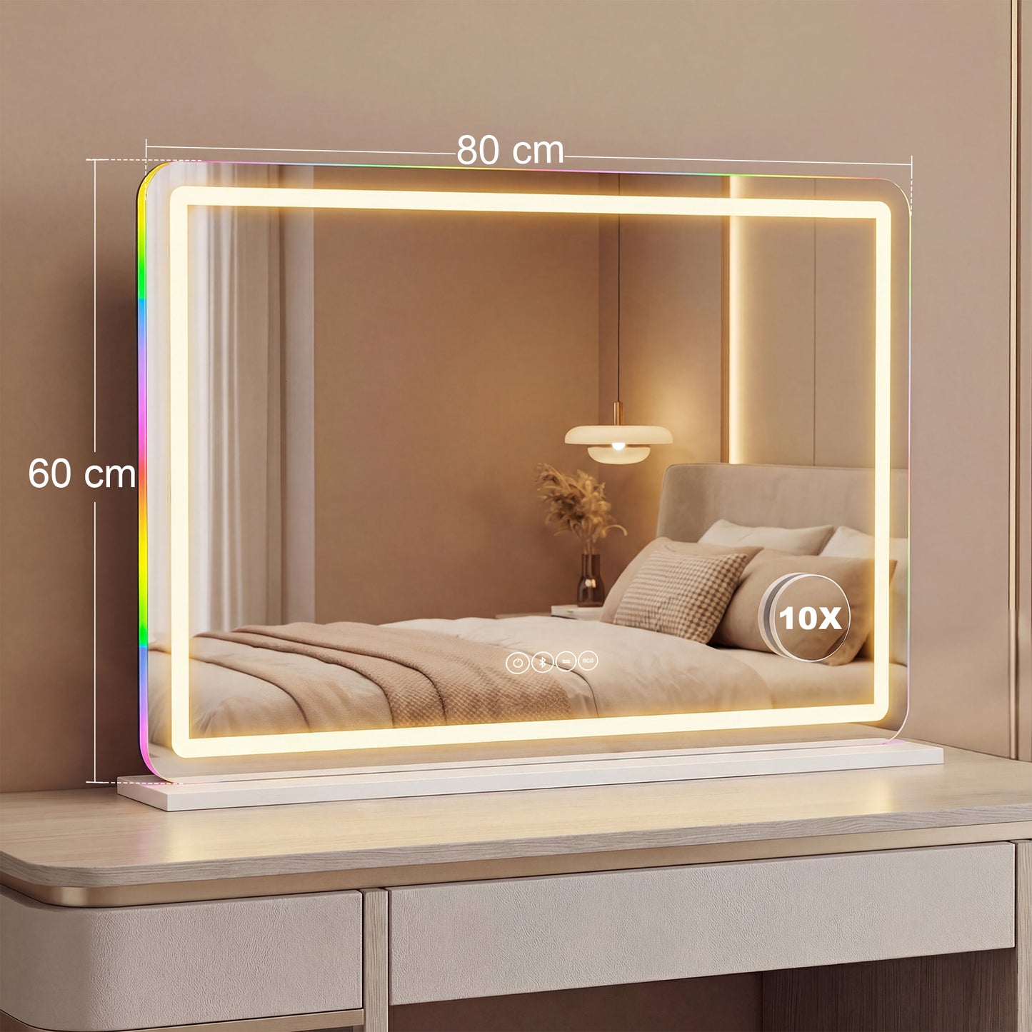 Vanity Mirror with Lights, Dimmable Makeup Mirror with Adjustable Colour Temperature, RGB Light, Bluetooth Speaker White