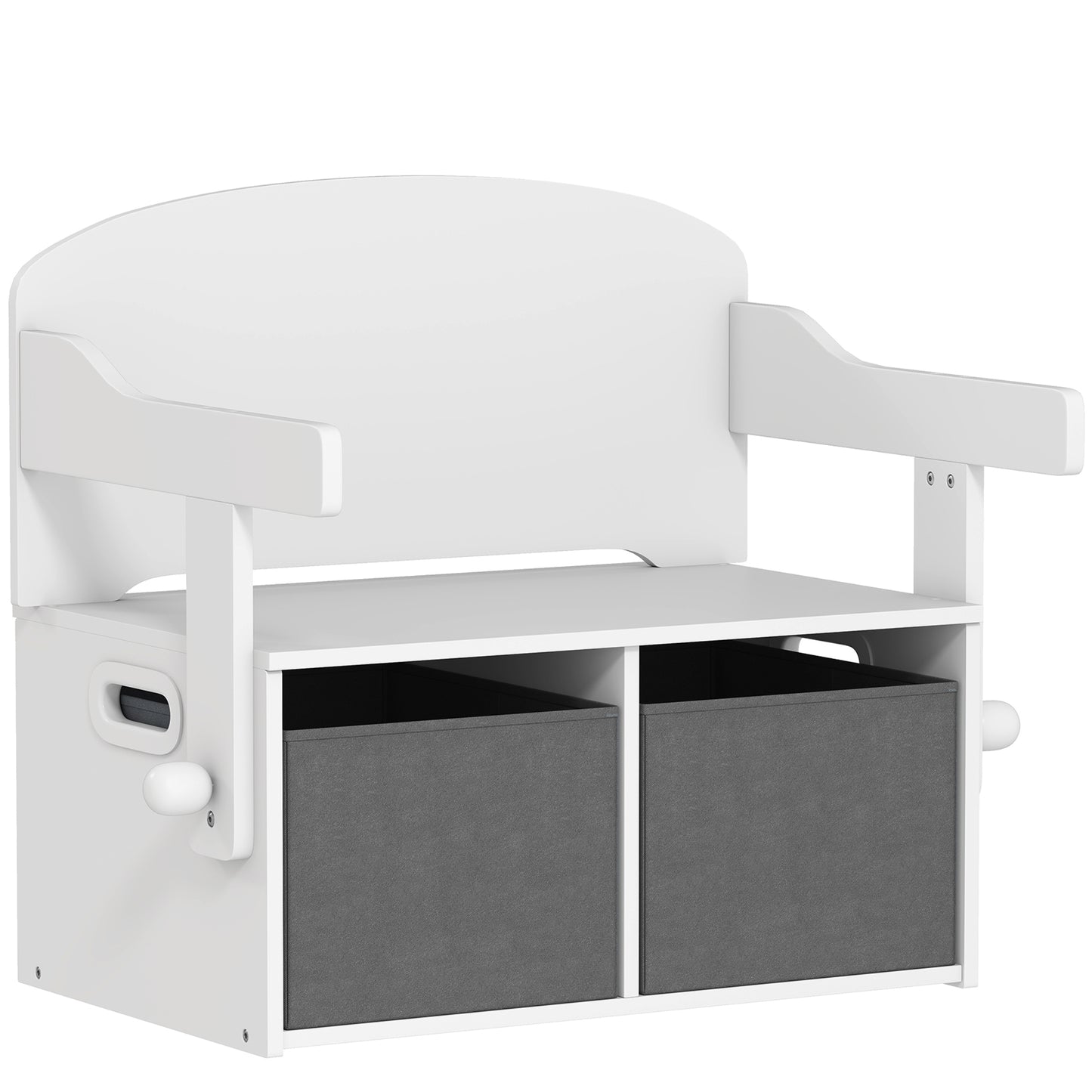 3 in 1 Kids Storage Bench, Convertible Children Table and Chair Set with 2 Fabric Bins, Toy Storage Box, White