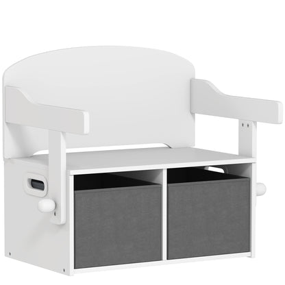 3 in 1 Kids Storage Bench, Convertible Children Table and Chair Set with 2 Fabric Bins, Toy Storage Box, White