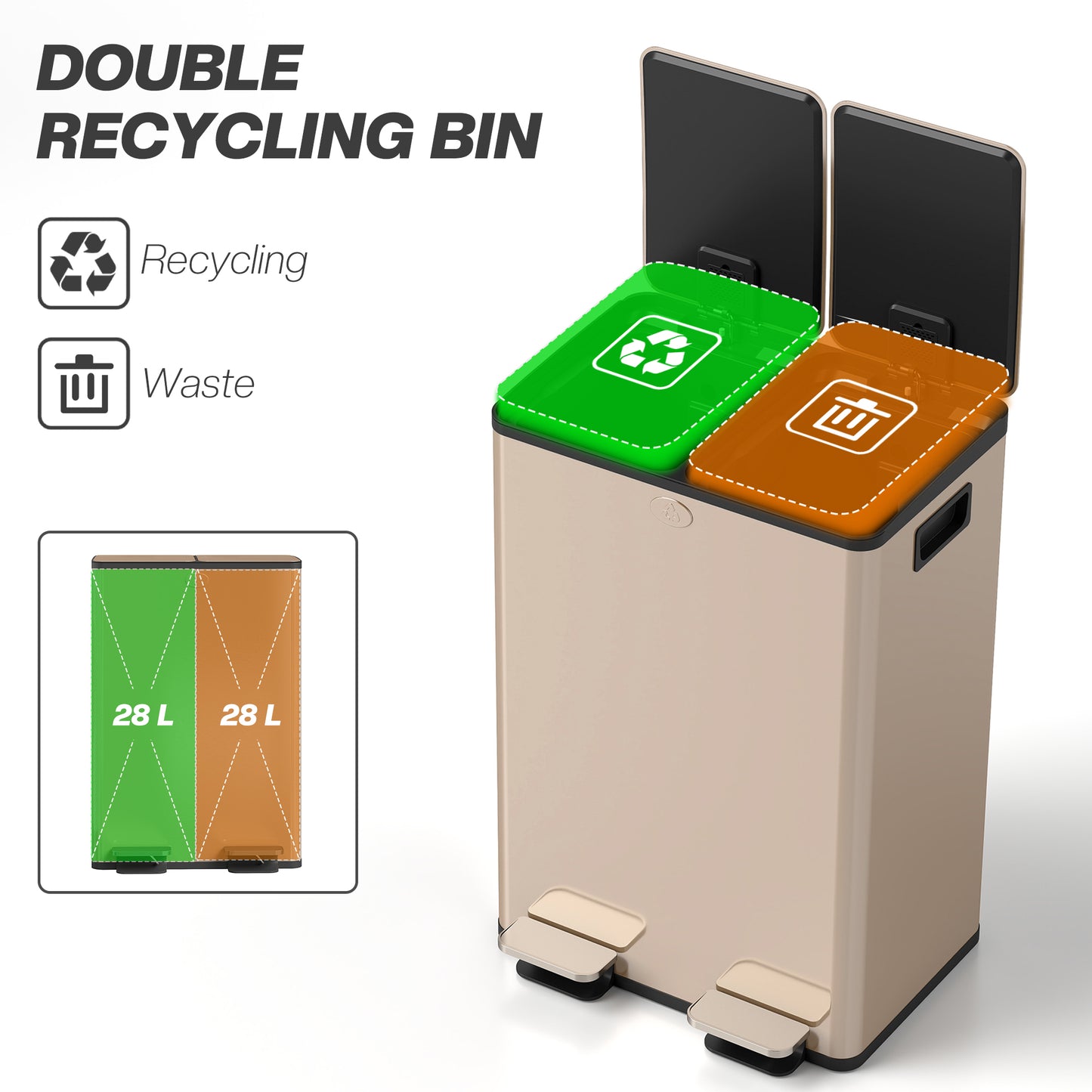56L Dual Compartment Stainless Steel Bin, with Deodoriser Holders - Gold Tone