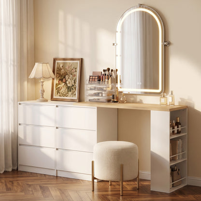 Vanity Table, Dressing Table with 6 Drawers and 3-Tier Shelf for Women and Girls, White