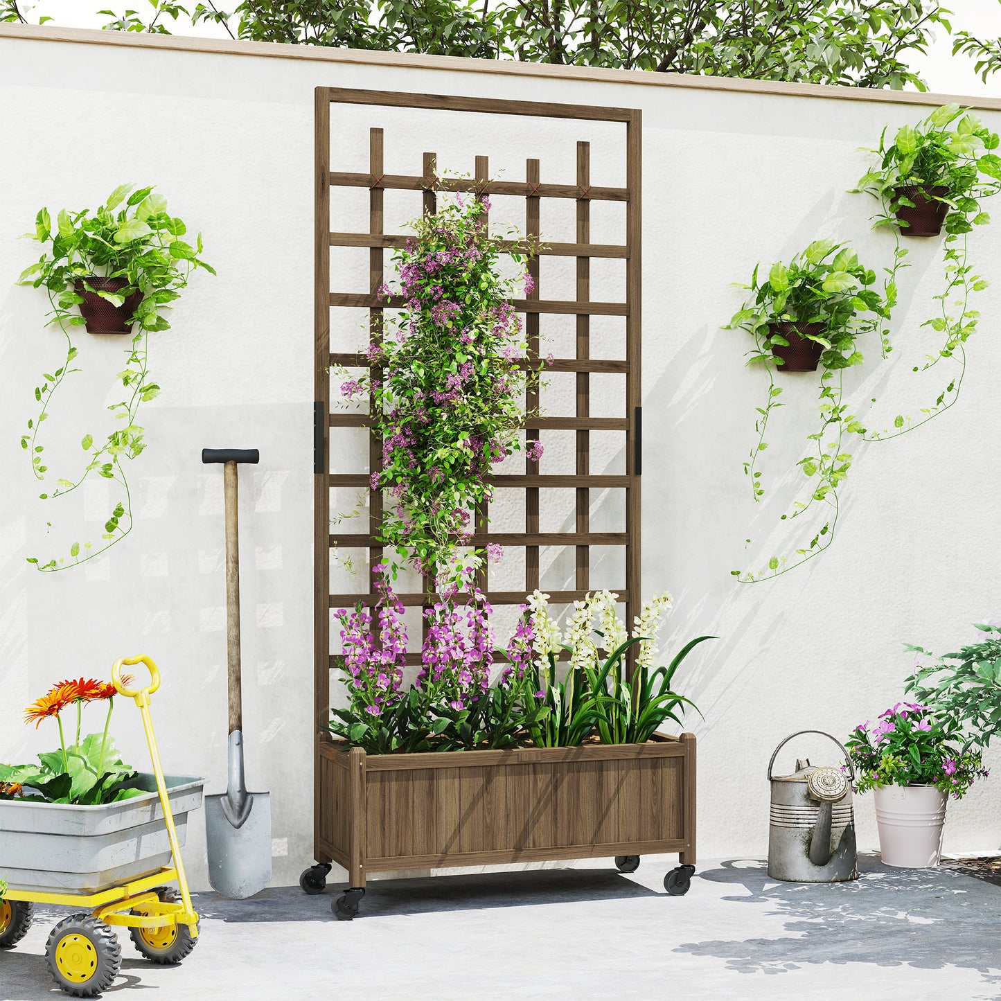 Wooden Trellis Planter, Raised Garden Bed with Wheels, to Climb and Grow Vegetables, Herbs and Flowers, Brown